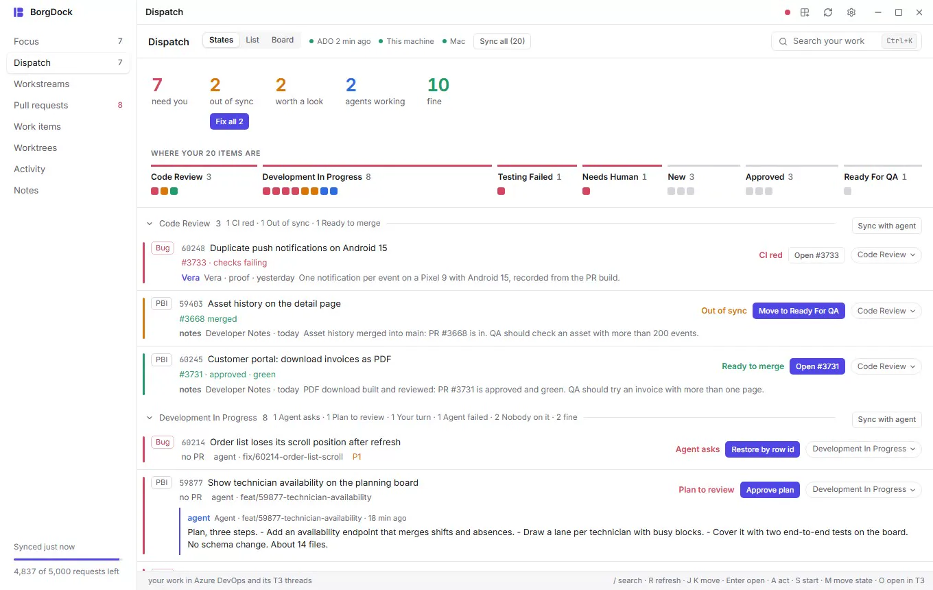 The Dispatch briefing: clicking out of sync narrows the walk to those items, need you shows the ones waiting on you, Clear shows everything and a square opens its item