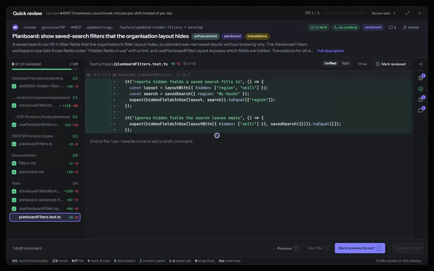 V marks the last file and the footer becomes the decision; Approve & auto-merge moves straight on to the next pull request, a re-review of only what changed, with Undo