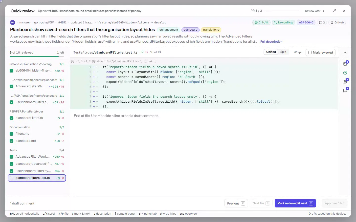 V marks the last file and the footer becomes the decision; Approve & auto-merge moves straight on to the next pull request, a re-review of only what changed, with Undo