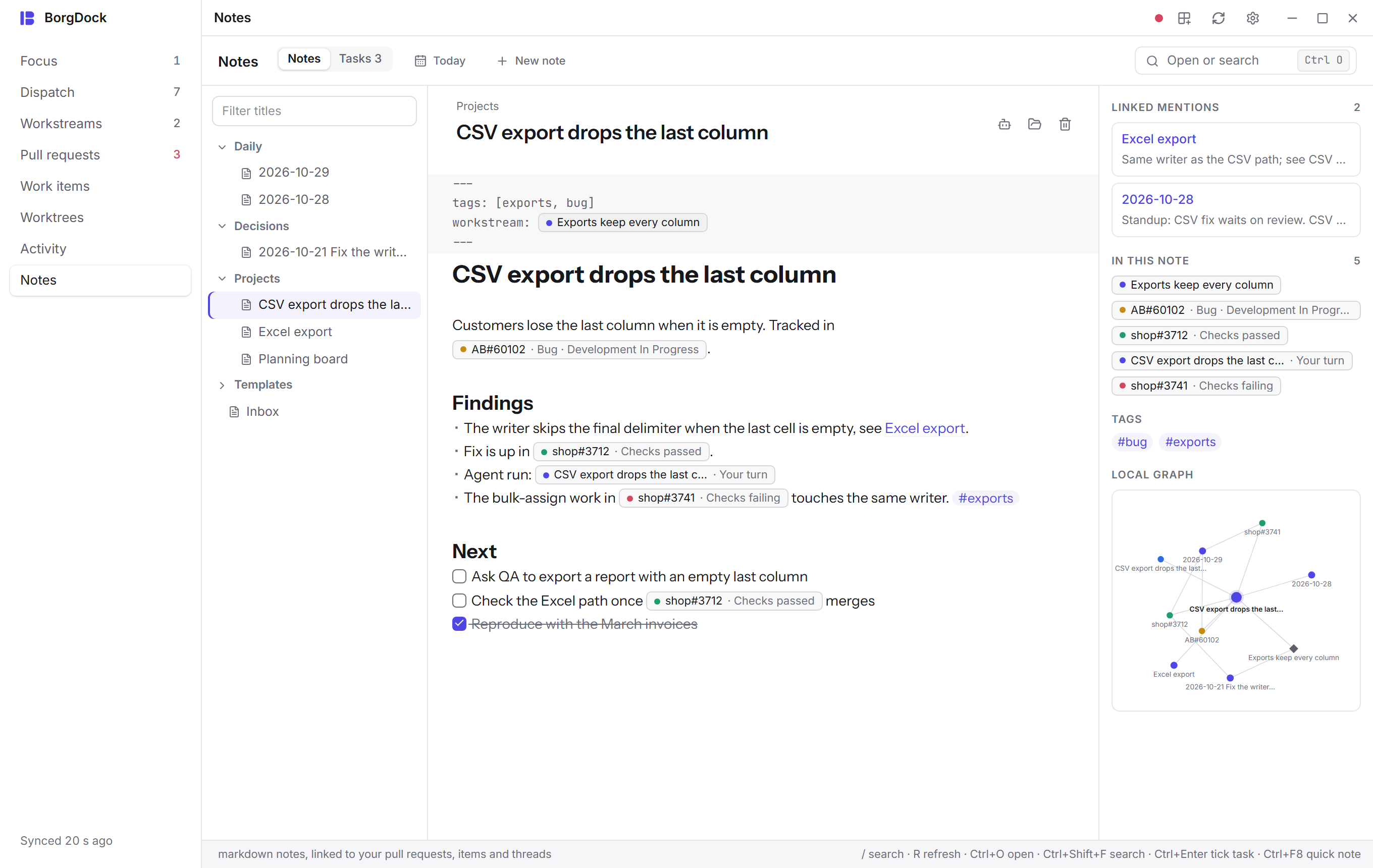The Notes section: folders, a note in live preview with chips for pull requests and work items, its backlinks, tags and local graph