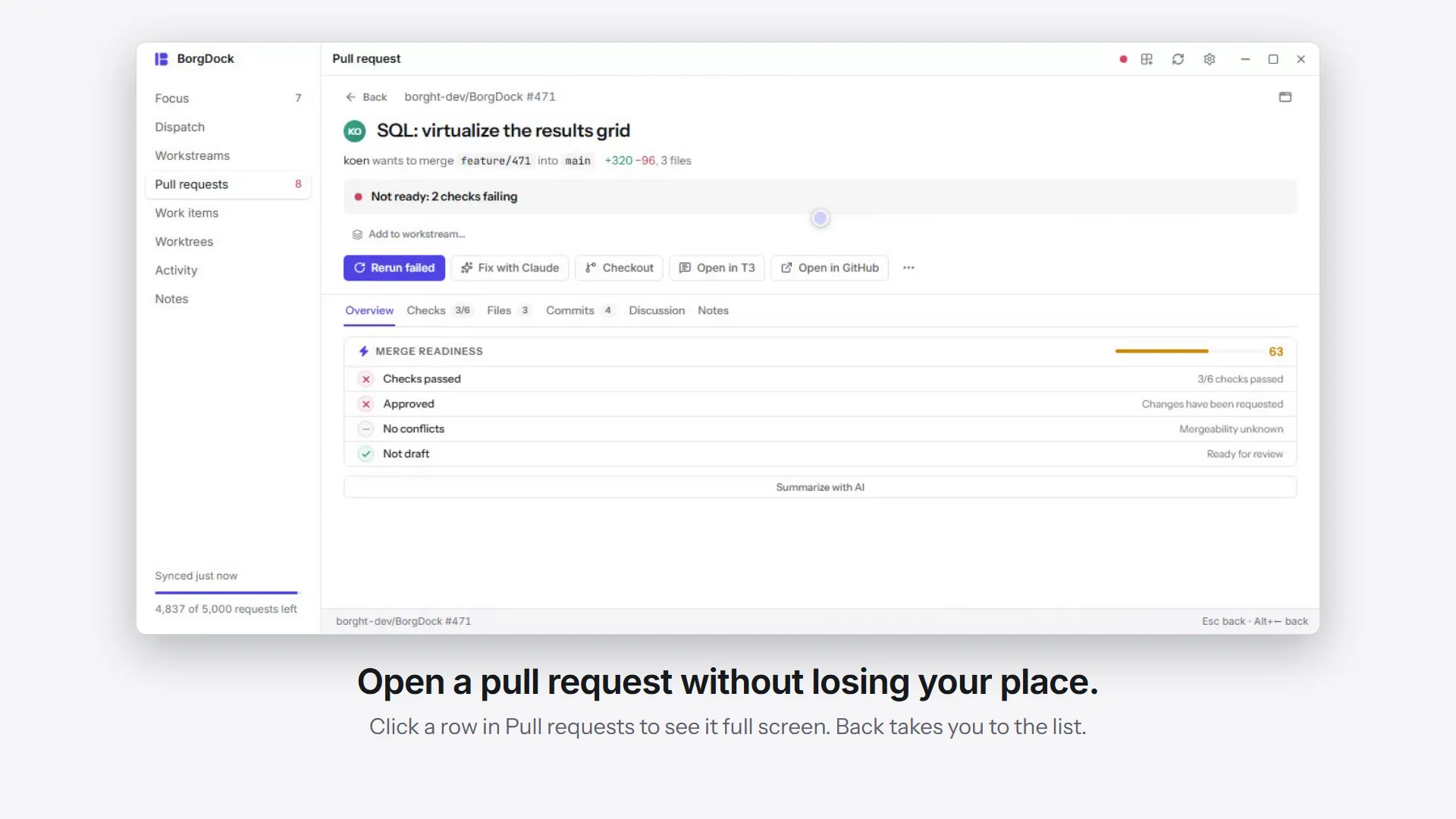 BorgDock in a minute: open a pull request full screen, filter to what needs you, review file by file and approve on the last one, merge from Focus, then walk your work in Dispatch and start an agent
