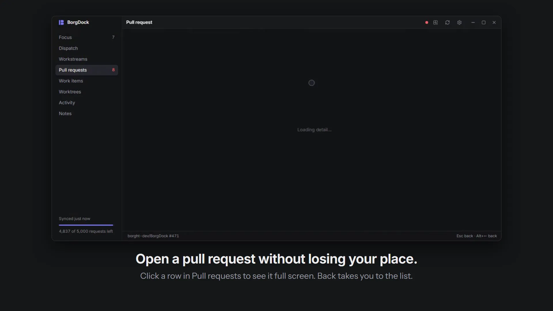 BorgDock in a minute: open a pull request full screen, filter to what needs you, review file by file and approve on the last one, merge from Focus, then walk your work in Dispatch and start an agent